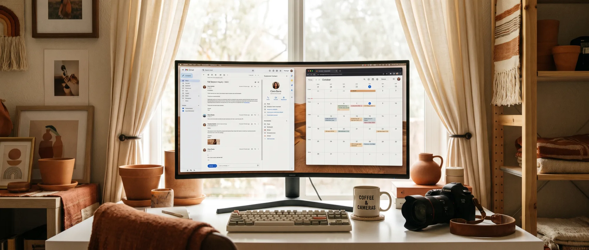 Schreibtisch mit Monitor, darauf E-Mail-Verlauf, Kundenakte und Terminkalender nebeneinander (KI-generiertes Bild)