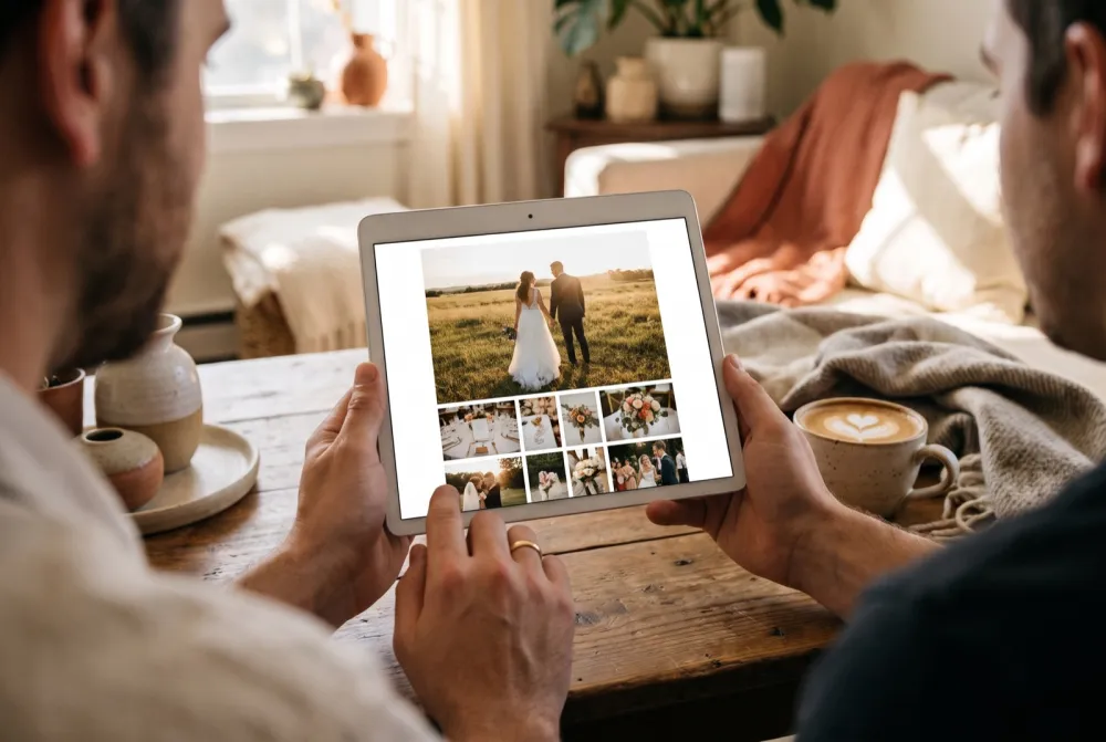 Paar schaut sich seine Hochzeitsgalerie gemeinsam auf dem Tablet an (KI-generiertes Bild)