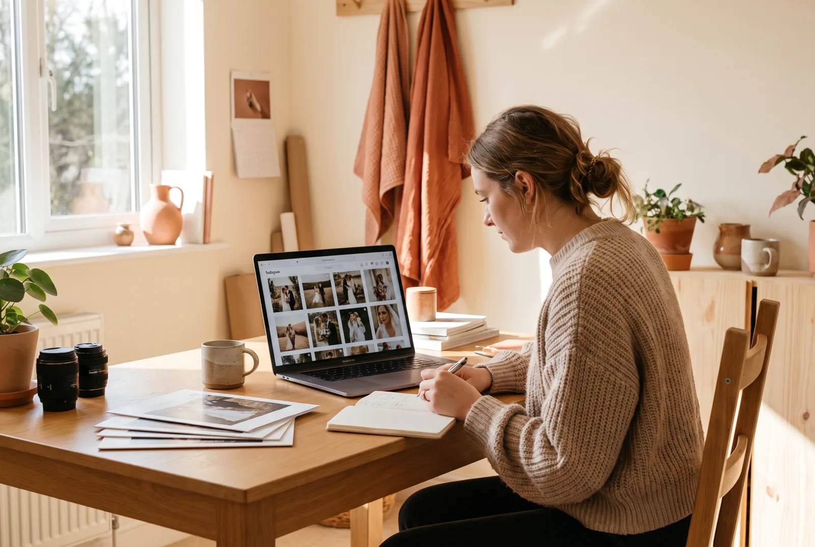 Fotografin plant ihren Instagram-Feed am Laptop, auf dem Bildschirm ein Raster aus Hochzeits- und Porträtfotos (KI-generiertes Bild)