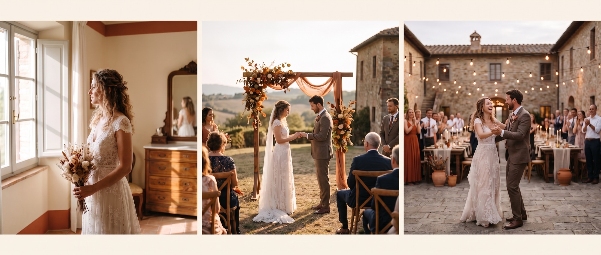 Drei Momente einer Hochzeit nebeneinander wie in einem Fotobuch: Ankleiden, Trauung und erster Tanz