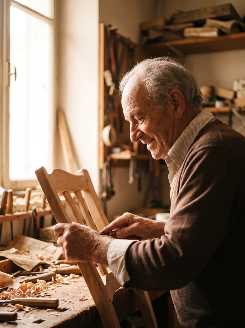 Porträt eines Handwerkers in warmem Fensterlicht, präsentiert in einer SEFODO-Galerie