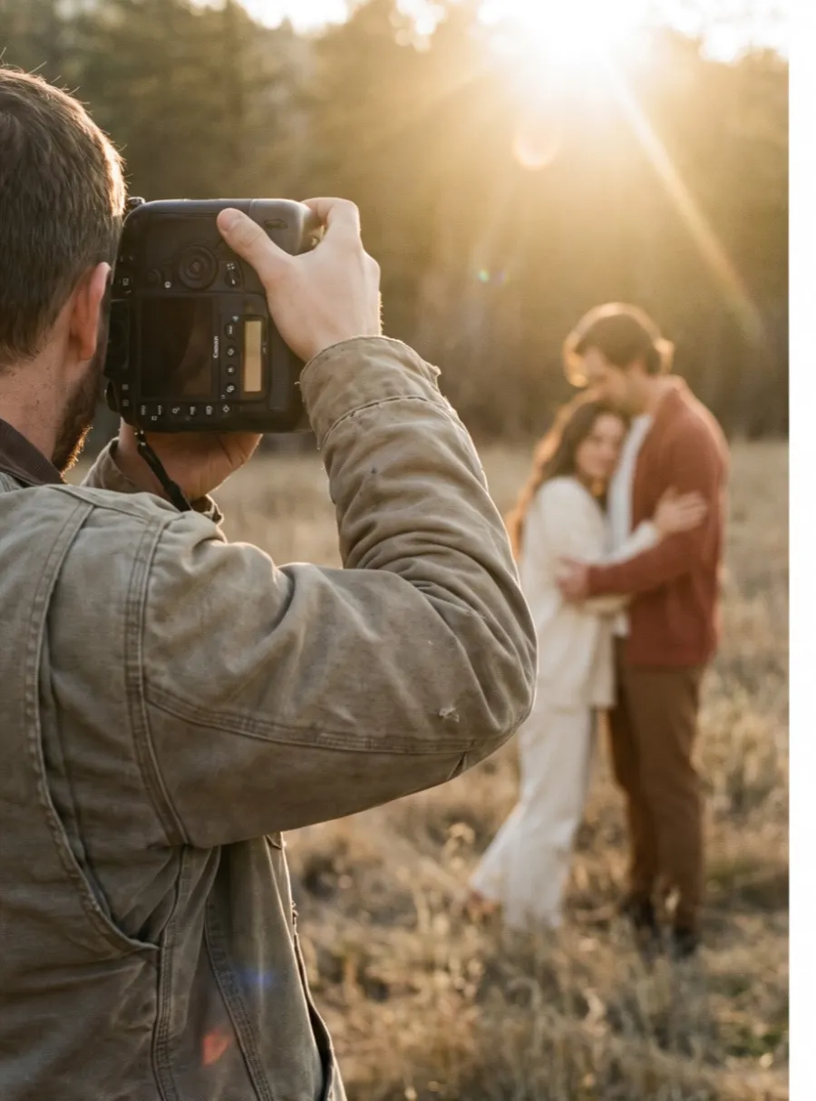 Fotograf fotografiert ein Paar auf einer Wiese im warmen Abendlicht (KI-generiertes Bild)