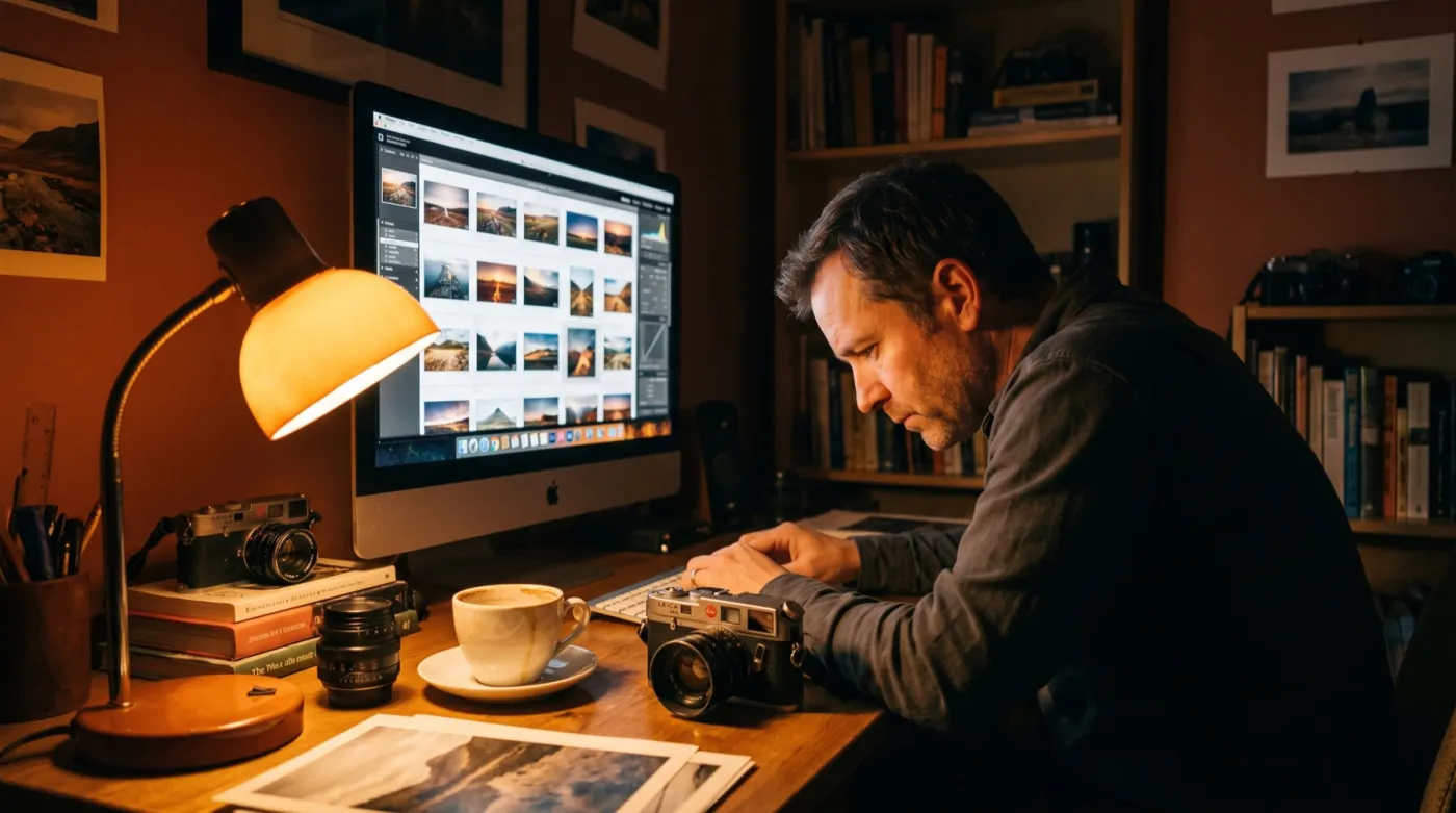 Fotograf sitzt spät in der Nacht im Schein einer Schreibtischlampe vor dem Monitor und sortiert Bilder (KI-generiertes Bild)