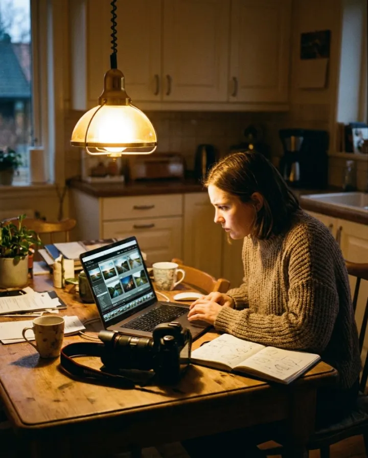 Junge Fotografin arbeitet abends am Küchentisch an ihren Bildern (KI-generiertes Bild)