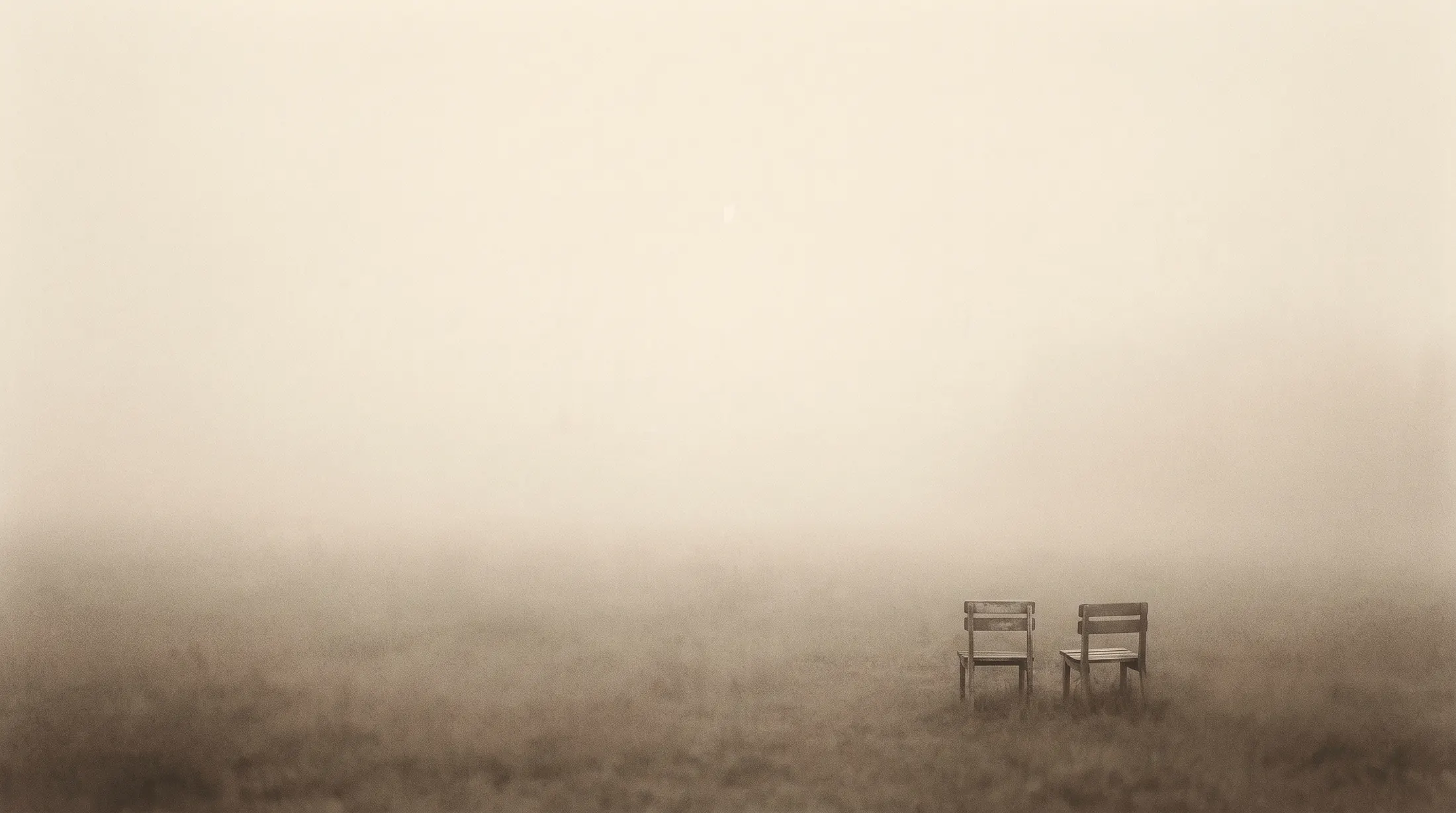 Zwei leere Holzstühle nebeneinander auf einer Wiese im Nebel