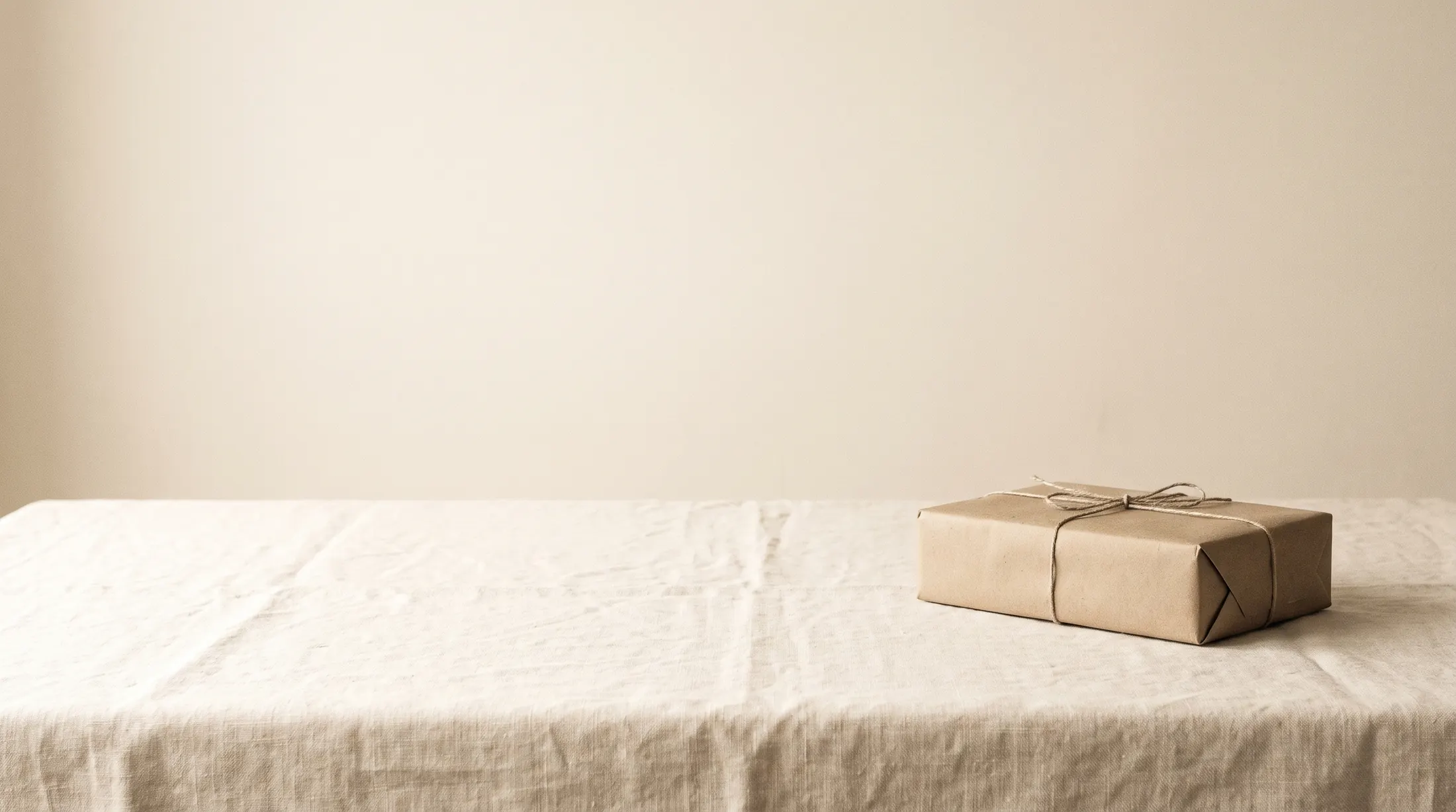 Ein in Packpapier eingeschlagenes Paket mit Abzügen, mit Schnur gebunden, auf einem leeren Leinentisch